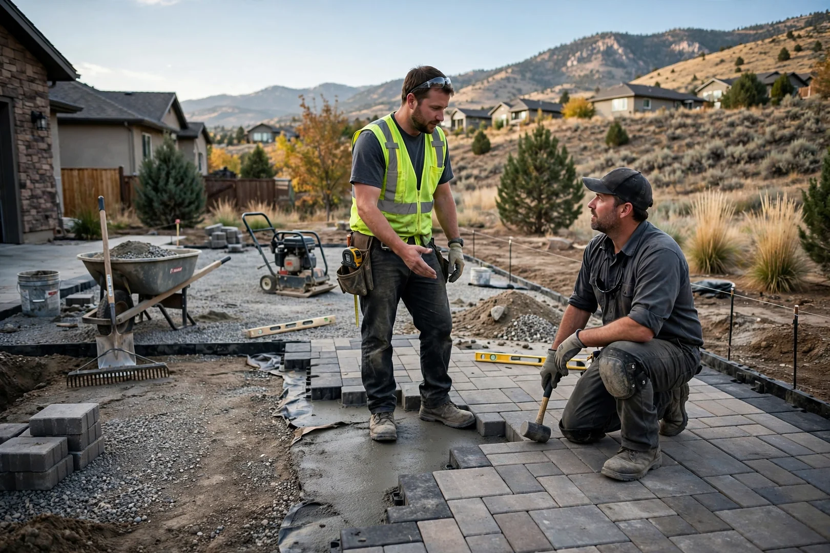 Contractor measuring a backyard paver patio area for a written estimate